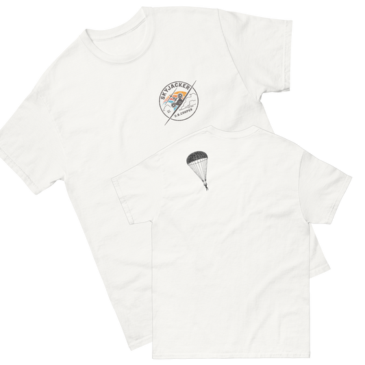 D.B. Cooper Mystery Tee – Plane & Parachute Design